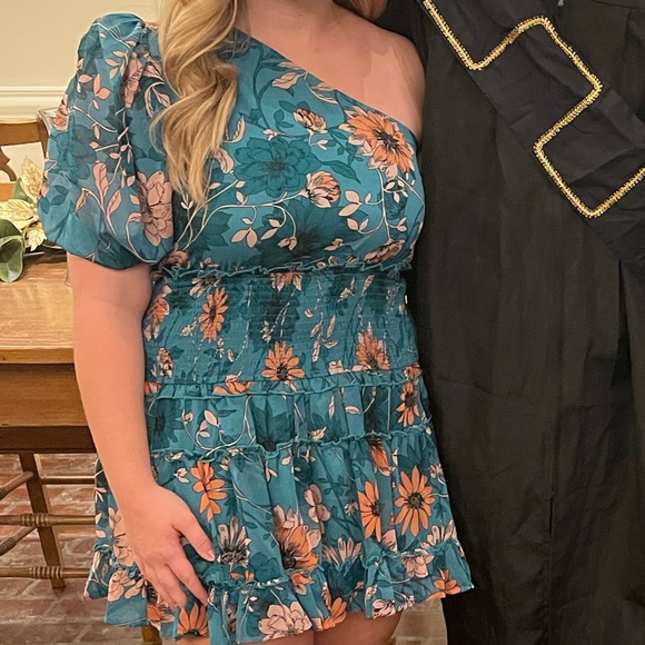 Teal Floral One Shoulder Dress - Picture 5 of 5